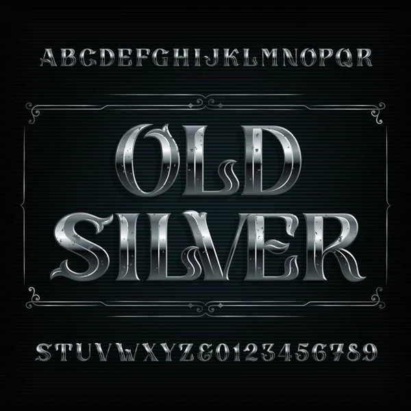 Old Silver Alfabeto Fuente Letras Números Metal Vintage Tipo Vector — Vector de stock