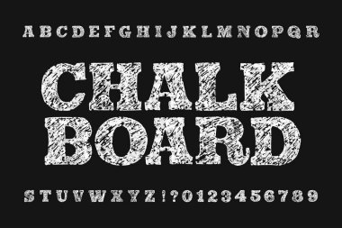 Tebeşir tahtası alfabe yazı tipi. El yazısı dağınık geniş harfler ve sayılar. Hisse senedi vektör patlama.