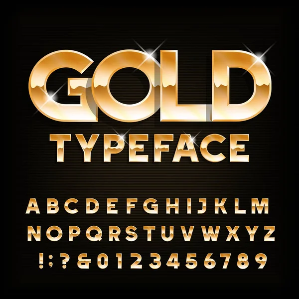 Gold Alphabet Typeface Beveled Shiny Letters Numbers Stock Vector Font — Stock Vector