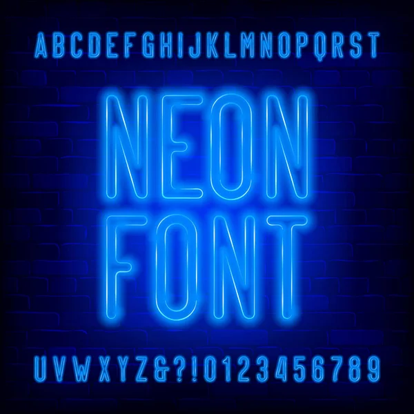 Blue Neon Alphabet Font Condensed Light Bulb Capital Letters Numbers — Stock Vector