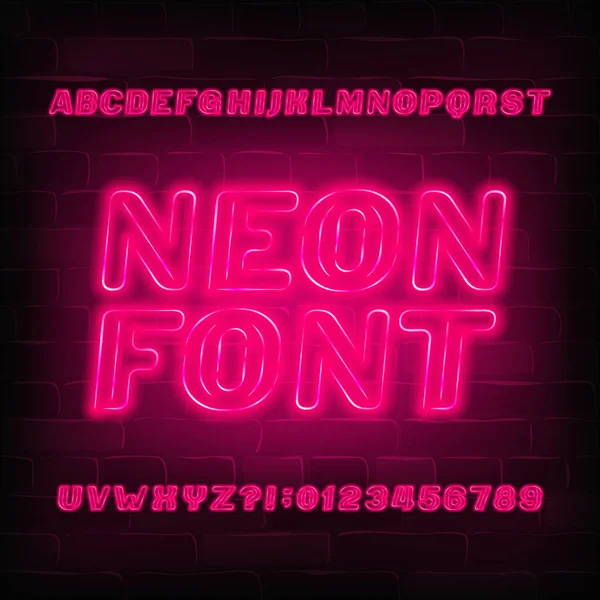 Rode Neon Alfabet Lettertype Neon Kleur Gloeilamp Schuine Letters Cijfers — Stockvector