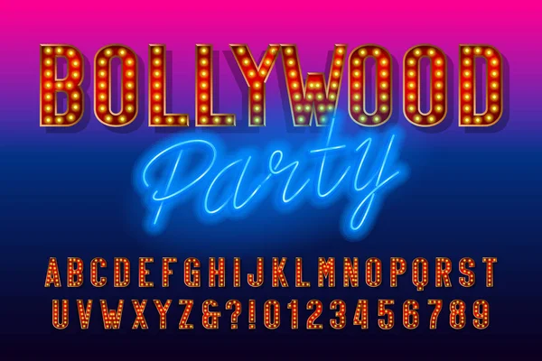 Bollywood Party Alphabet Font Retro Letters Numbers Light Bulb Vector — Stock Vector