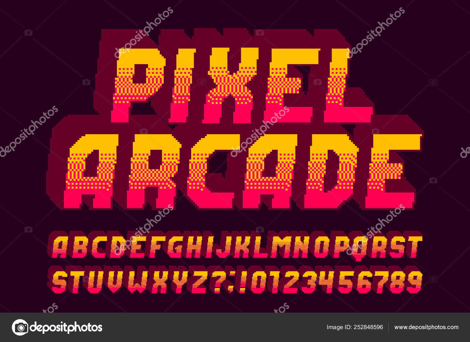 Retro Pixel Game alphabet font. Pixel script letters, numbers and  punctuations. 80s arcade video game typescript. Stock Vector