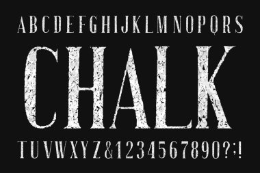 Tebeşir tahtası alfabe yazı tipi. El yazısı yoğun harfler ve sayılar. Hisse senedi vektör patlama.