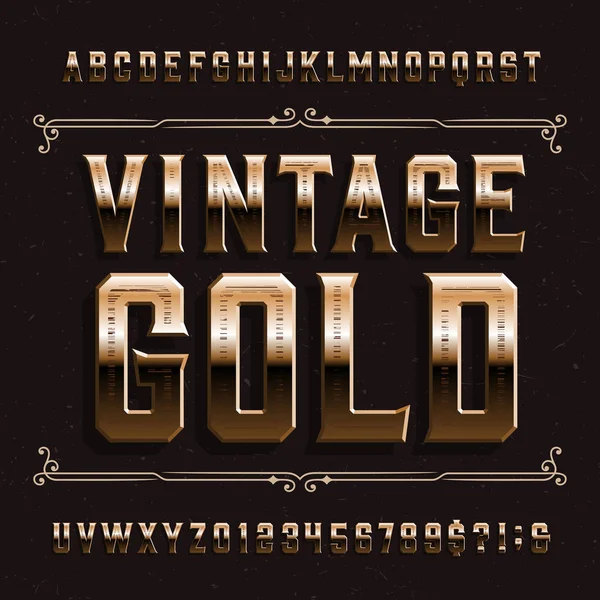 Vintage Gold Alfabeto Fuente Letras Biseladas Números Sobre Fondo Angustiado — Vector de stock