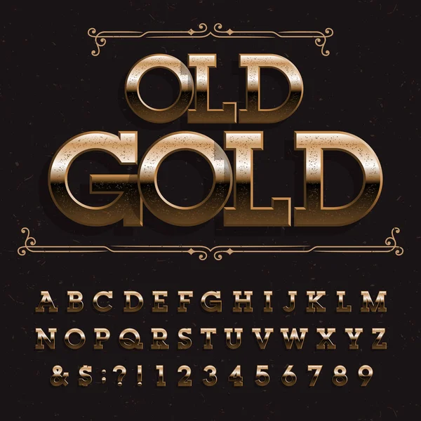 Eski Altın Alfabe Yazı Tipi Eğimli Dağınık Harf Rakam Sıkıntılı — Stok Vektör