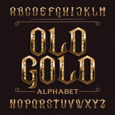 Eski altın alfabesi yazı tipi. Sıkıntılı arka planda Vintage süslü altın harfler. Tasarım için stok vektör TypeScript.
