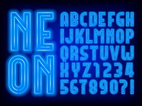 Fonte Alphabet Néon Bleu Ampoule Rétro Lettres Majuscules Chiffres Type — Image vectorielle