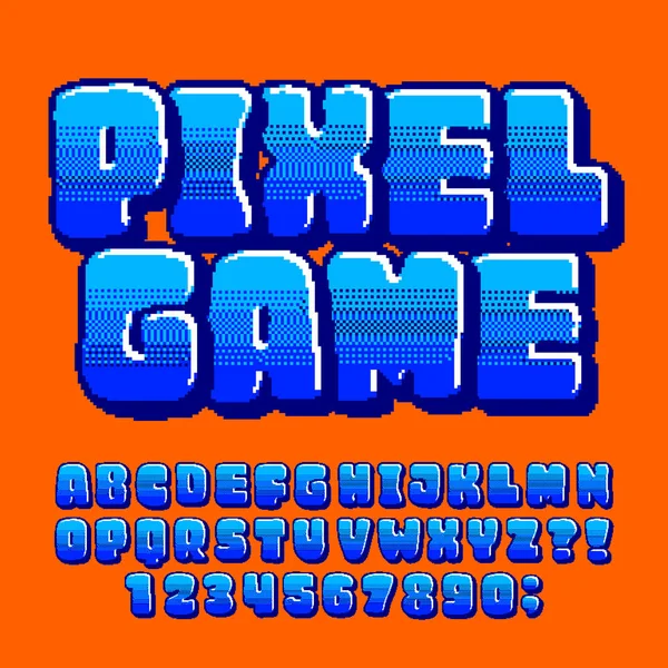 Pixel Spel Alfabet Lettertype Digitale Pixel Gradiënt Letters Cijfers Blauwe — Stockvector