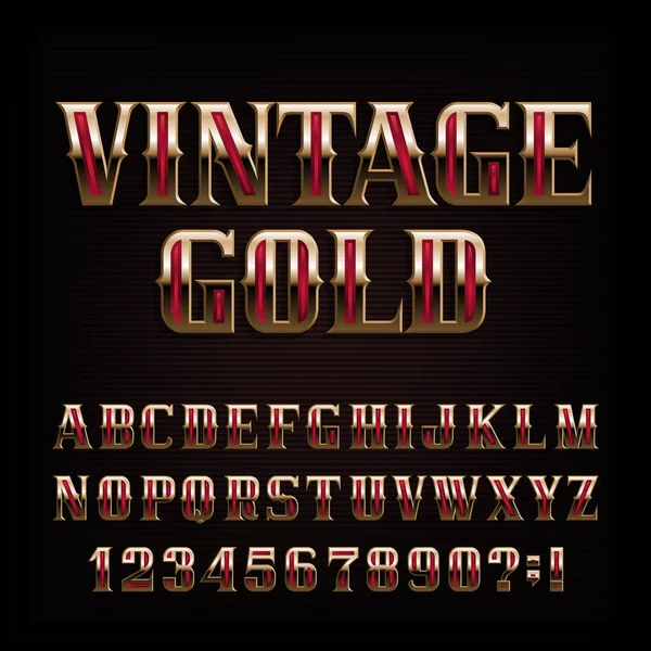 Fonte Alfabeto Vintage Gold Ornate Letras Metal Dourado Número Tipo —  Vetores de Stock