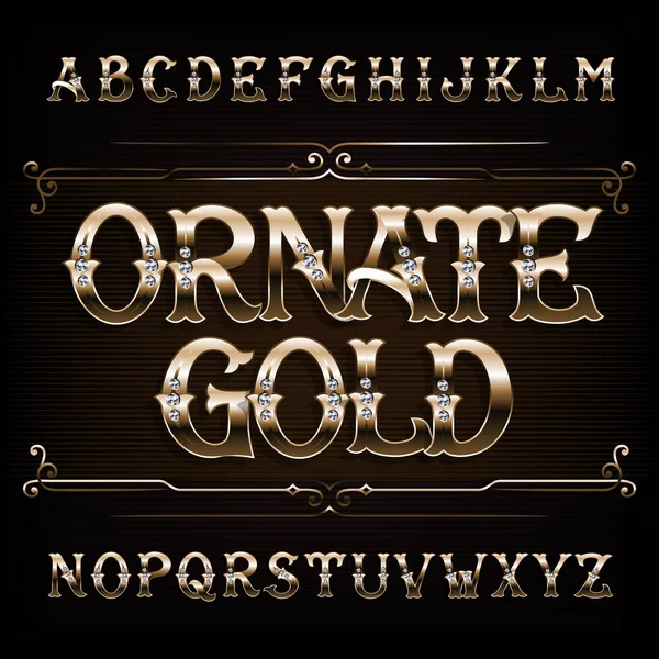 Ornate Gold Alphabet Font Vintage Golden Letters Numbers Diamond Gemstone — Stock Vector