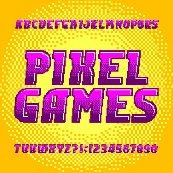 Czcionka Alfabetu Pixel Game Cyfrowe Litery Cyfry Gradientowe Tle Pikseli — Wektor stockowy