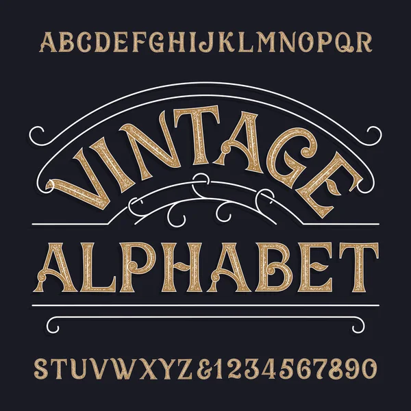 Fonte Alfabeto Vintage Ornate Letras Confusas Números Estilo Retro Tipografia — Vetor de Stock
