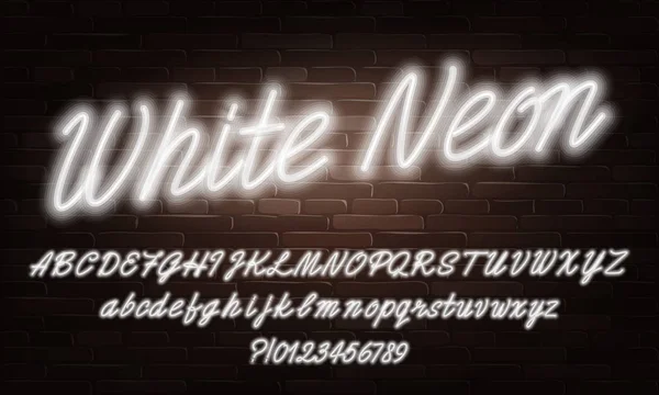 White Neon Script Alfabeto Fonte Neon Cor Minúsculas Maiúsculas Letras — Vetor de Stock