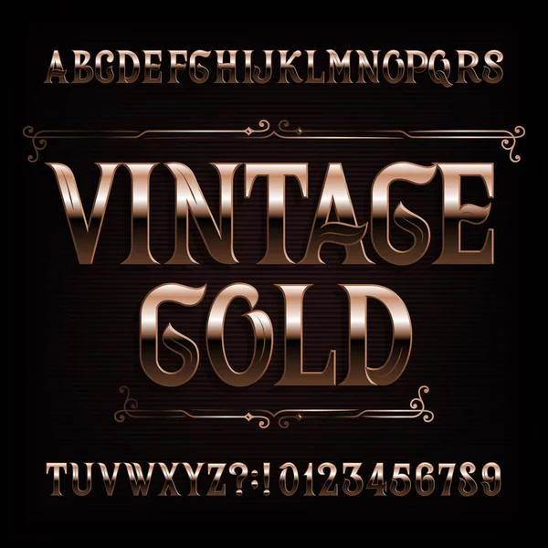 Fonte Alfabeto Vintage Gold Fantasia Ornamentado Letras Douradas Números Tipo —  Vetores de Stock