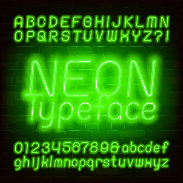 Зелений Неоновий Шрифт Верхній Нижній Регістр Літери Цифри Лампочок Стоковий — стоковий вектор