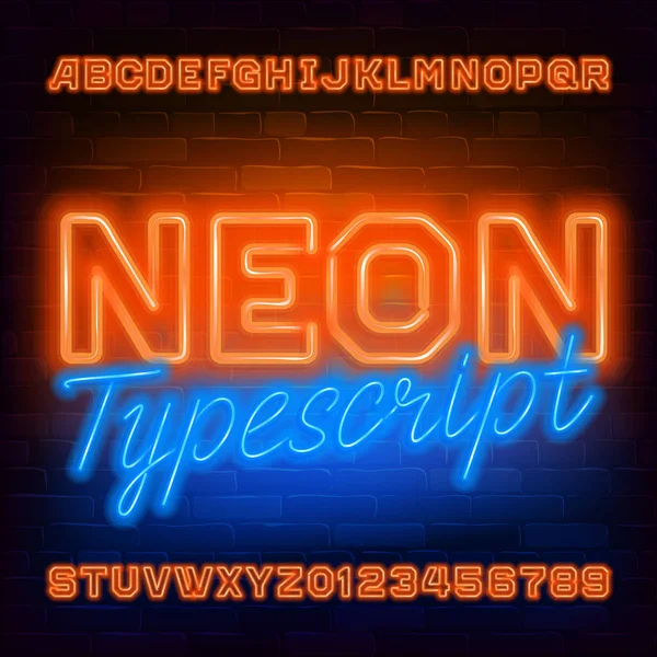 Orange Neon Alfabetet Font Glödlampa Bokstäver Och Siffror Stock Vector — Stock vektor