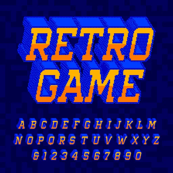 Retro Game alphabet font. Digital 3d pixel letters and numbers. 80s retro arcade video game typescript.