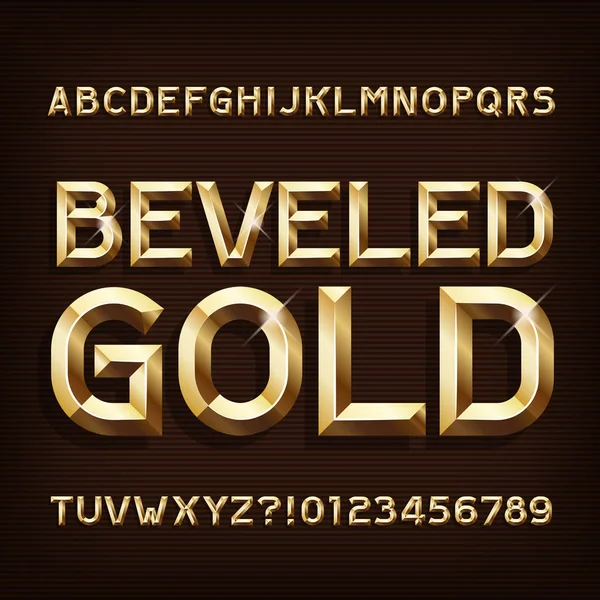 Beveled Gold Fonte Alfabeto Letras Ouro Números Tipo Vetor Estoque — Vetor de Stock