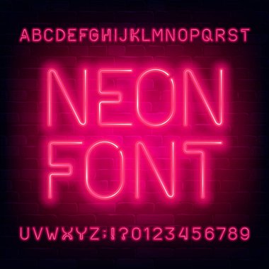Neon alfabesi yazı tipi. Kırmızı ampul basit harfler ve sayılar. Koyu tuğla duvar arka plan. Tipografi tasarımınız için stok vektör yazı karakteri.