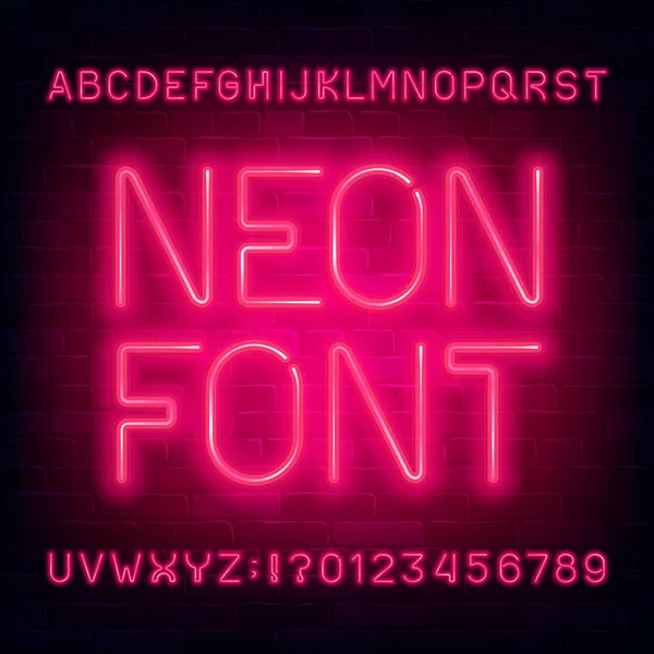 Neon Alphabet Font Red Light Bulb Simple Letters Numbers Dark — Stock Vector