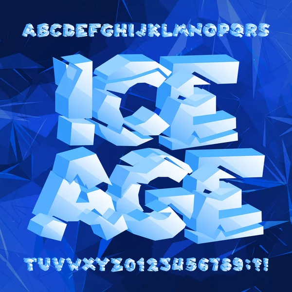 Ice Age Alphabet Font Frozen Letters Numbers Blue Polygonal Background — Stock Vector