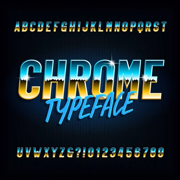 Fuente Alfabeto Chrome Efecto Metálico Letras Estrechas Números Sobre Fondo — Vector de stock