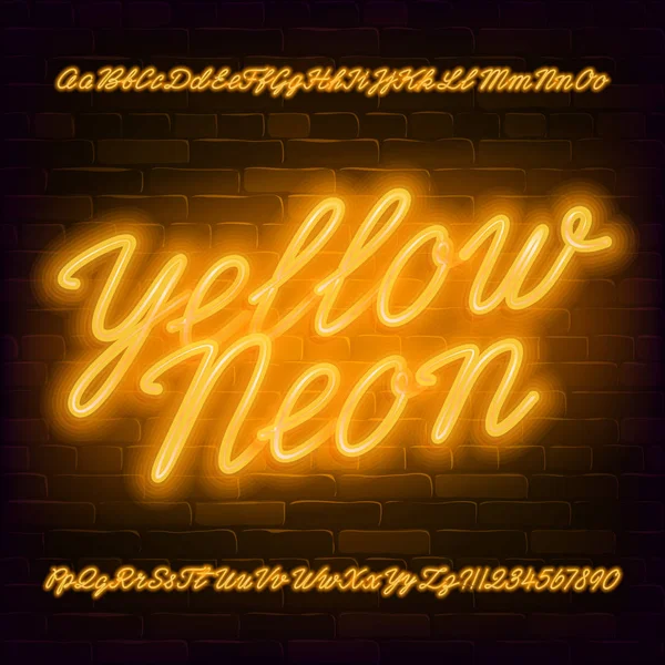 Fonte Alfabeto Script Néon Amarelo Neon Cor Minúsculas Maiúsculas Letras —  Vetores de Stock