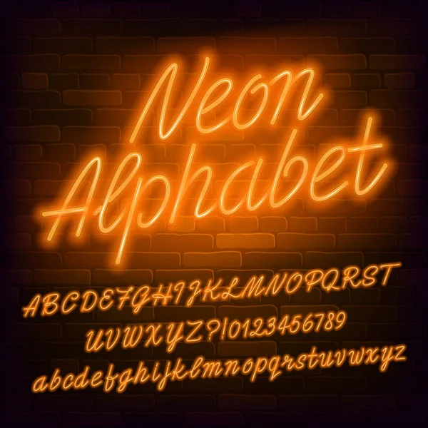 Czcionka Alfabetu Neon Script Pomarańczowy Kolor Neon Małe Wielkie Litery — Wektor stockowy