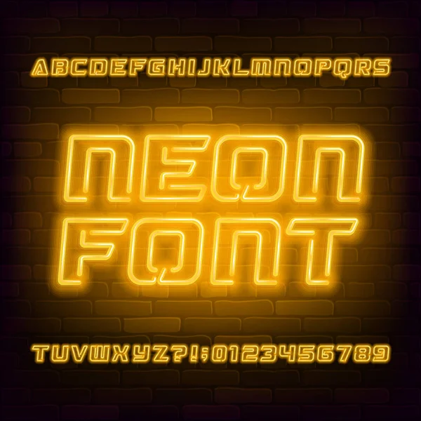 Yellow Neon Alphabet Font Futuristic Light Bulb Capital Letters Numbers — 스톡 벡터