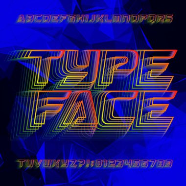 Fütüristik alfabe yazı tipi. Çokgen bir arka plan üzerinde spor tarzı büyük harf ve sayılar. Tipografi tasarımınız için vektör yazı.