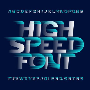 Yüksek hızlı alfabe yazı tipi. Hızlı rüzgar etkisi modern tip harfler ve sayılar. Tasarım için stok vektör TypeScript. Kolay renk değişimi.