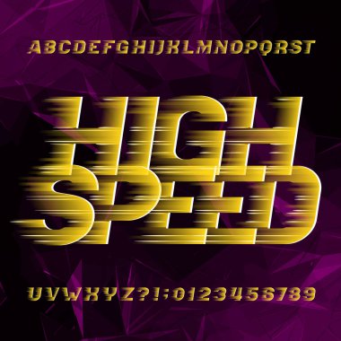Yüksek hızlı alfabe yazı tipi. Rüzgar efekti türü harfler ve sayılar soyut Çokgen arka planda. Tasarım için stok vektör yazı.