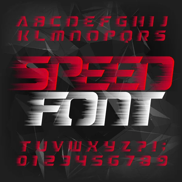 Schriftart Speed Alphabet Windeffekt Futuristische Buchstaben Und Zahlen Abstrakter Dunkler — Stockvektor