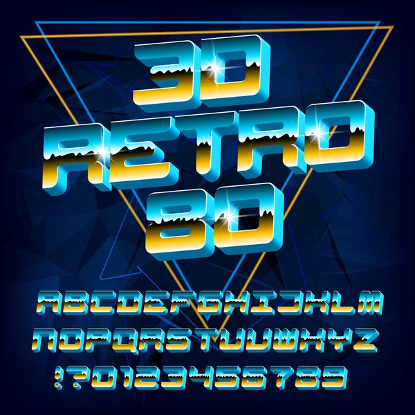 3Dレトロ80アルファベットフォント グラデーションの文字と数字 抽象的な背景 80年代スタイルのデザイン用ストックベクトル書体 — ストックベクタ