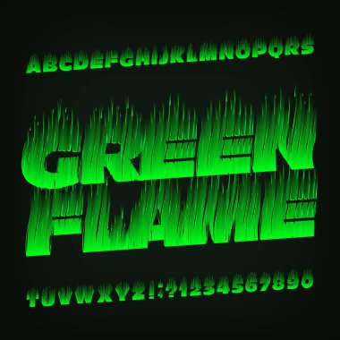 Green Flame alphabet font. Fire effect type letters and numbers. Stock vector typescript for your design.