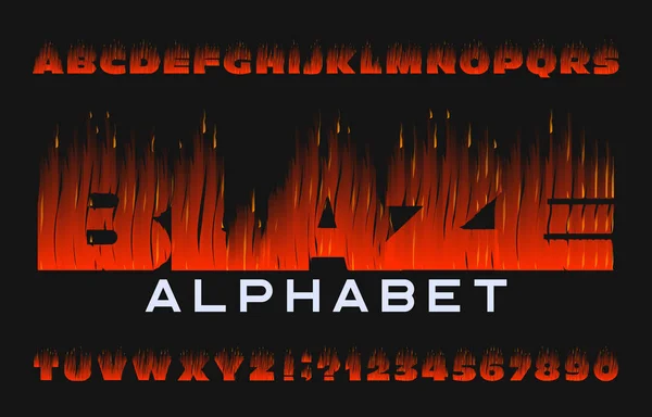 Schrift Blaze Alphabet Flammeneffekt Buchstaben Und Zahlen Auf Dunklem Hintergrund — Stockvektor