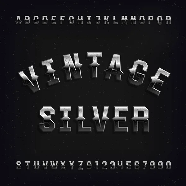 Vintage Silver Fonte Alfabeto Cartas Números Bagunçados Fundo Angustiado Tipo — Vetor de Stock