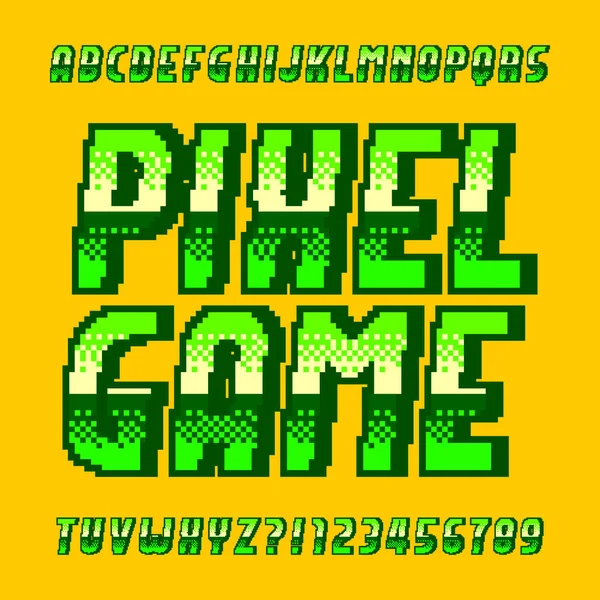 Pixel Spel Alfabet Lettertype Digitale Gradiënt Letters Cijfers Groene Kleur — Stockvector