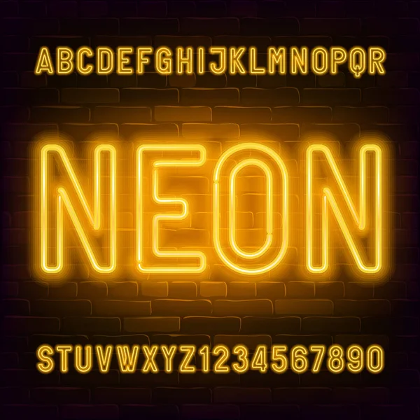 Fonta Alfabet Neon Kuning Lampu Bohlam Dengan Huruf Dan Angka - Stok Vektor
