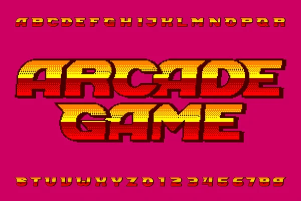 Czcionka Alfabetu Gry Arcade Cyfrowe Piksele Kolorowe Litery Cyfry 80S — Wektor stockowy