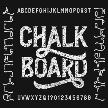 Vintage chalk board alphabet font with alternates. Handwritten uppercase letters and numbers. Stock vector typeface. clipart