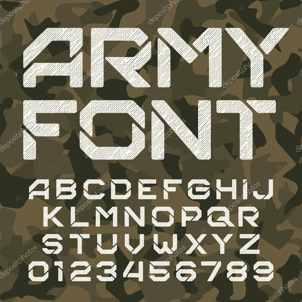 Army alphabet typeface. Scratched messy letters and numbers on camo background. Vector font for your design.