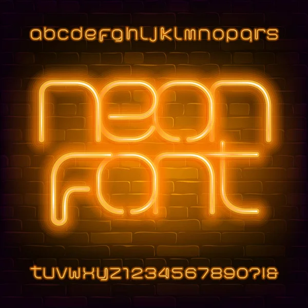 Fonte Alfabeto Neon Amarelo Lâmpada Moderna Letras Minúsculas Números Fundo — Vetor de Stock