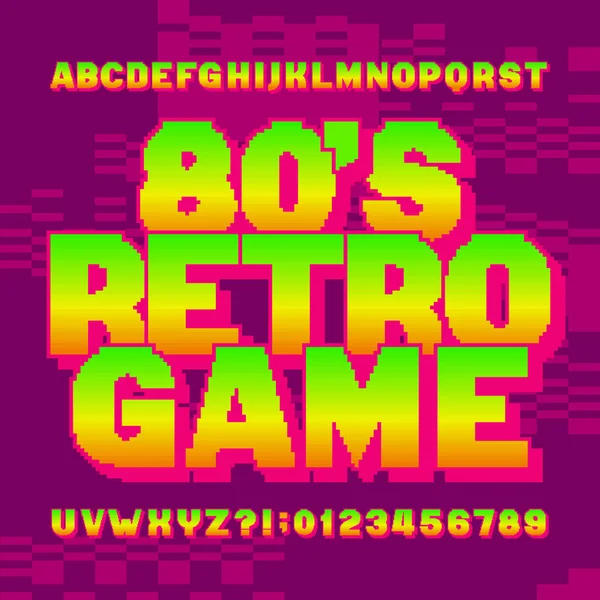 80年代のレトロなゲームのアルファベットフォント ピクセルの背景にデジタルグラデーション文字と数字 80年代のビデオゲームタイプスクリプト — ストックベクタ