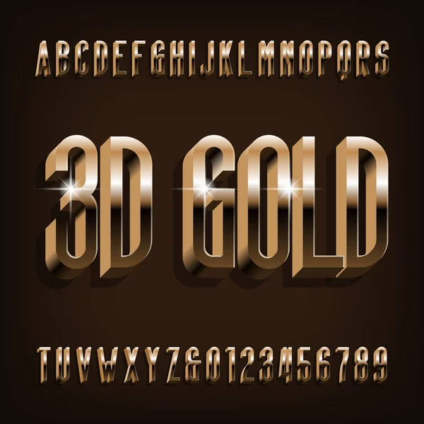 Caratteri Alfabetici Gold Lettere Numeri Condensati Effetto Oro Con Ombra — Vettoriale Stock