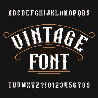 Vintage alfabe yazı tipi. Vahşi Batı tarzında bozuk Retro harfler ve sayılar. Tasarım için Vector TypeScript.