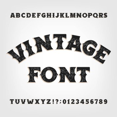 Vintage alfabe yazı tipi. Parlak arka planda Vahşi Batı tarzında dağınık Retro harfler ve sayılar. Tasarım için Vector TypeScript.