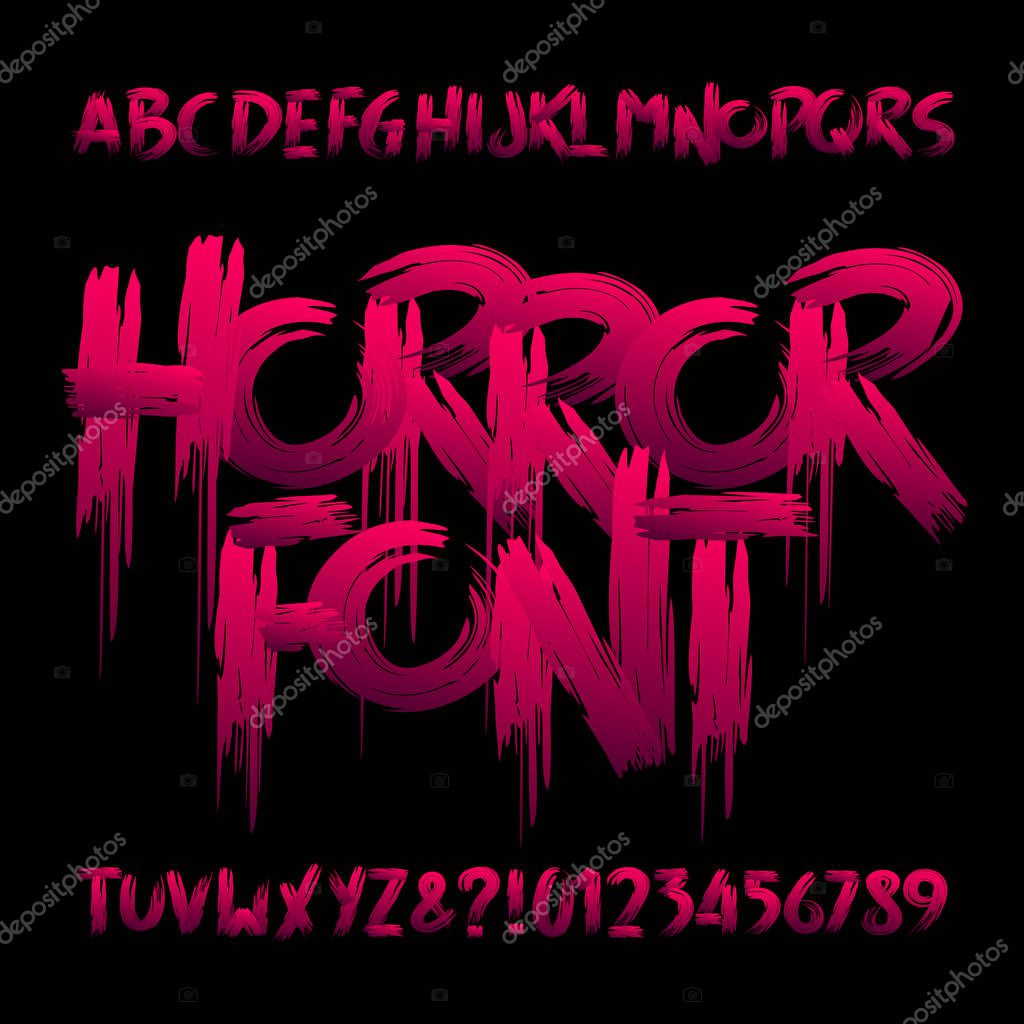 Horror alphabet font. Uppercase handwritten bloody letters and numbers. Stock vector typeface for your design.