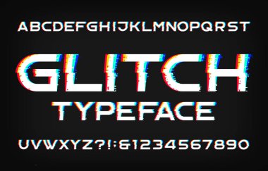 Glitch alfabe yazı tipi. Siyah arka plan daki harfleri ve sayıları dijital olarak deforme edin. Tasarımınız için vektör typescript.